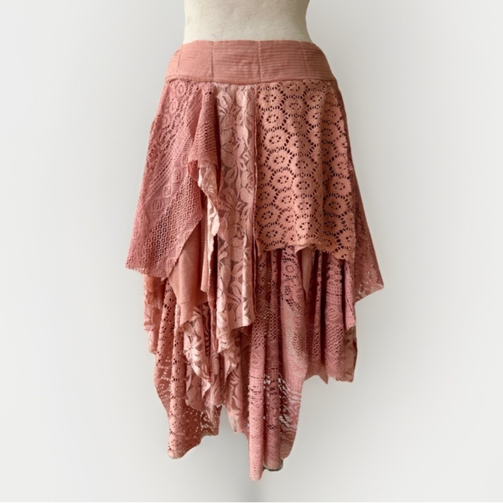 NWT Oli & Hali Sage Pink Asymmetrical Midi Skirt Sz L Stretch Lace Patchwork